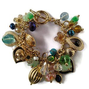 Gold, Glass, Crystal and Jade Charm Bracelet